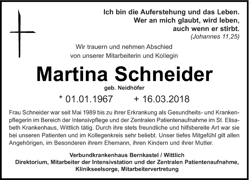  Traueranzeige für Martina Schneider vom 22.03.2018 aus trierischer_volksfreund