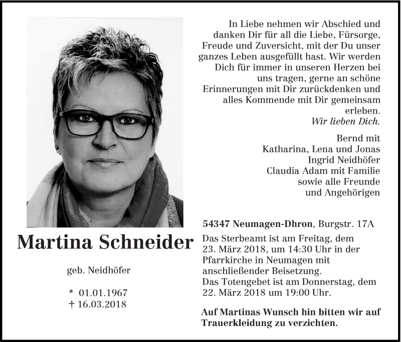  Traueranzeige für Martina Schneider vom 21.03.2018 aus trierischer_volksfreund