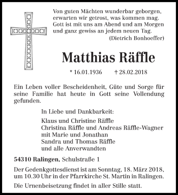 Traueranzeige von Matthias Räffle von trierischer_volksfreund