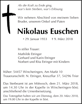 Traueranzeige von Nikolaus Euschen von trierischer_volksfreund
