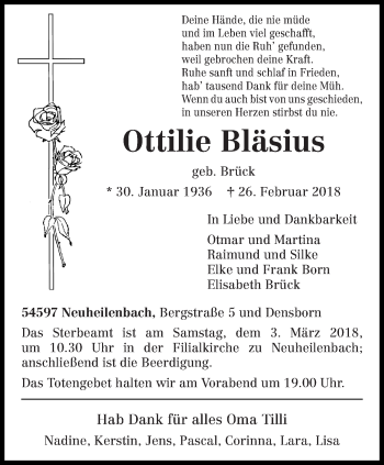 Traueranzeige von Ottilie Bläsius von trierischer_volksfreund