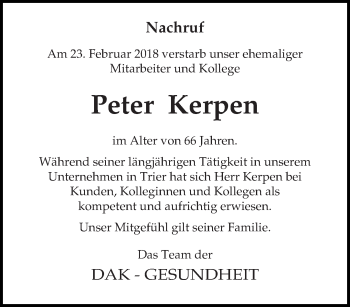 Traueranzeige von Peter Kerpen von trierischer_volksfreund