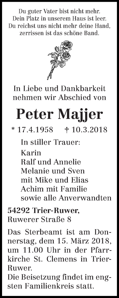 Traueranzeige für Peter Majjer vom 13.03.2018 aus trierischer_volksfreund