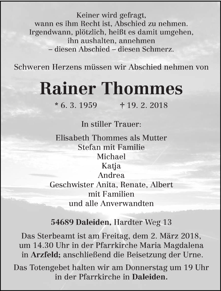  Traueranzeige für Rainer Thommes vom 28.02.2018 aus trierischer_volksfreund
