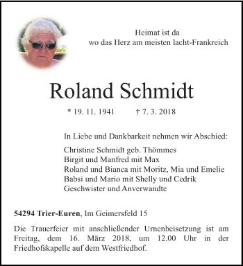 Traueranzeige von Roland Schmidt von trierischer_volksfreund