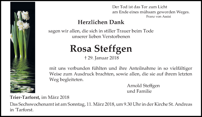  Traueranzeige für Rosa Steffgen vom 03.03.2018 aus trierischer_volksfreund