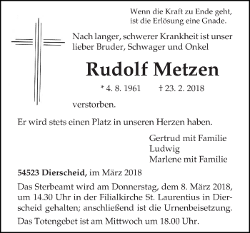Traueranzeige von Rudolf Metzen von trierischer_volksfreund