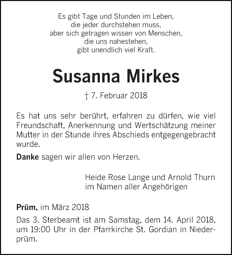 Traueranzeige für Susanna Mirkes vom 17.03.2018 aus trierischer_volksfreund
