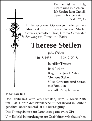 Traueranzeige von Therese Steilen von trierischer_volksfreund