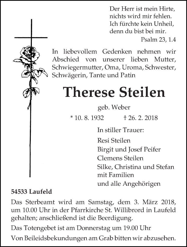  Traueranzeige für Therese Steilen vom 01.03.2018 aus trierischer_volksfreund