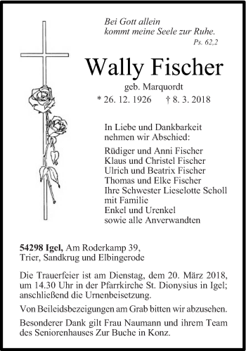Traueranzeige von Wally Fischer von trierischer_volksfreund