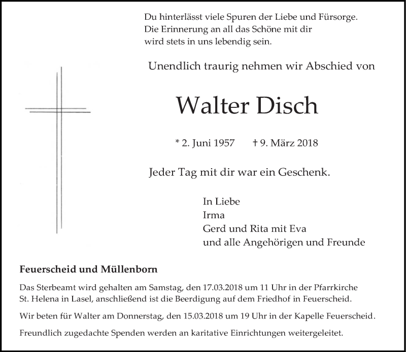  Traueranzeige für Walter Disch vom 14.03.2018 aus trierischer_volksfreund
