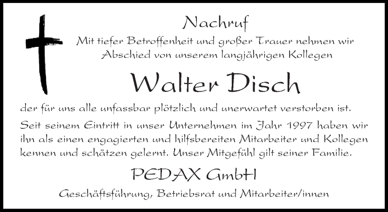  Traueranzeige für Walter Disch vom 14.03.2018 aus trierischer_volksfreund
