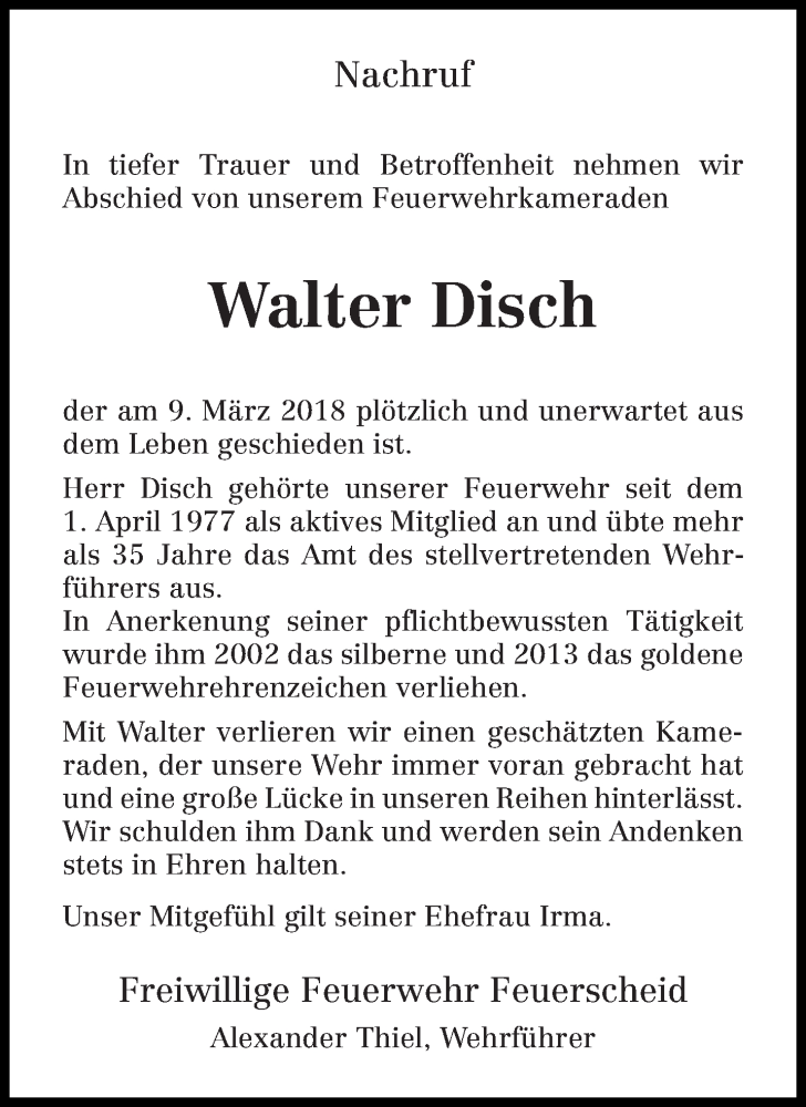  Traueranzeige für Walter Disch vom 14.03.2018 aus trierischer_volksfreund