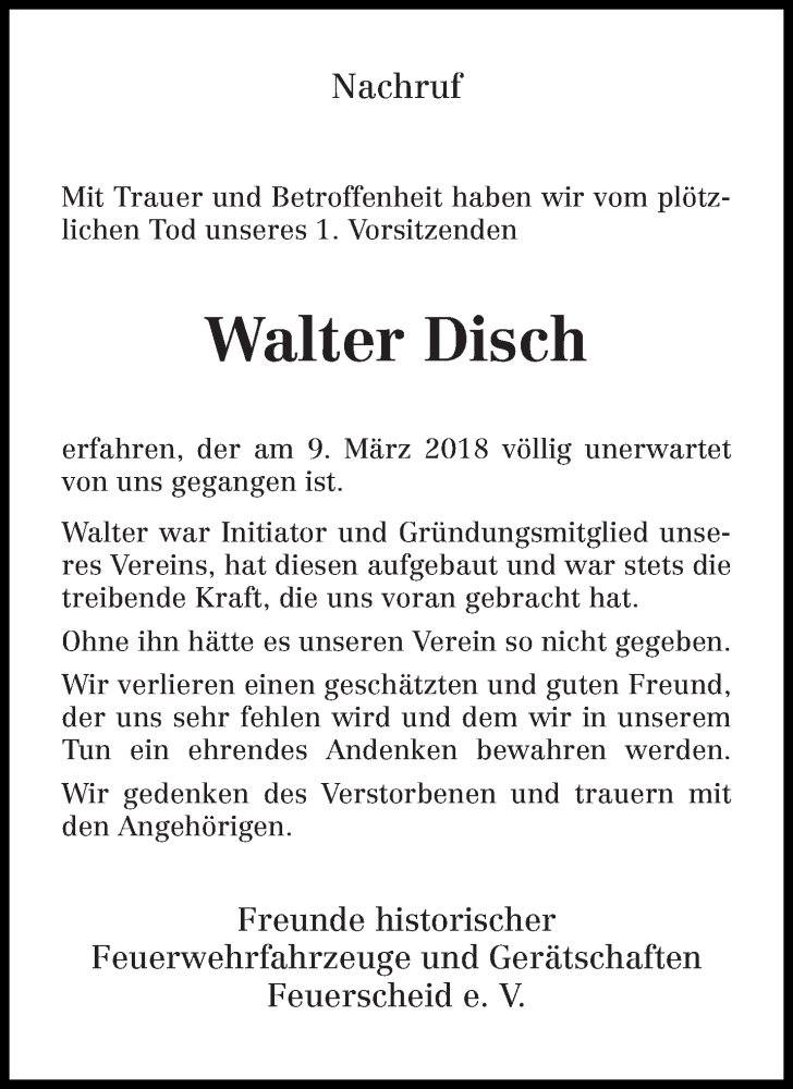  Traueranzeige für Walter Disch vom 14.03.2018 aus trierischer_volksfreund