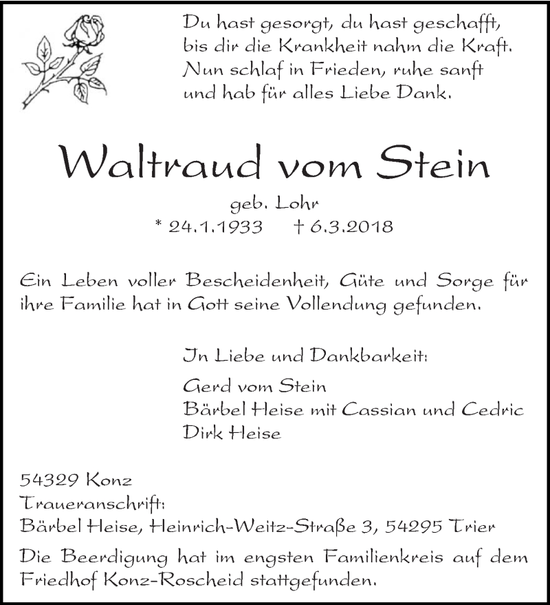  Traueranzeige für Waltraud vom Stein vom 14.03.2018 aus trierischer_volksfreund