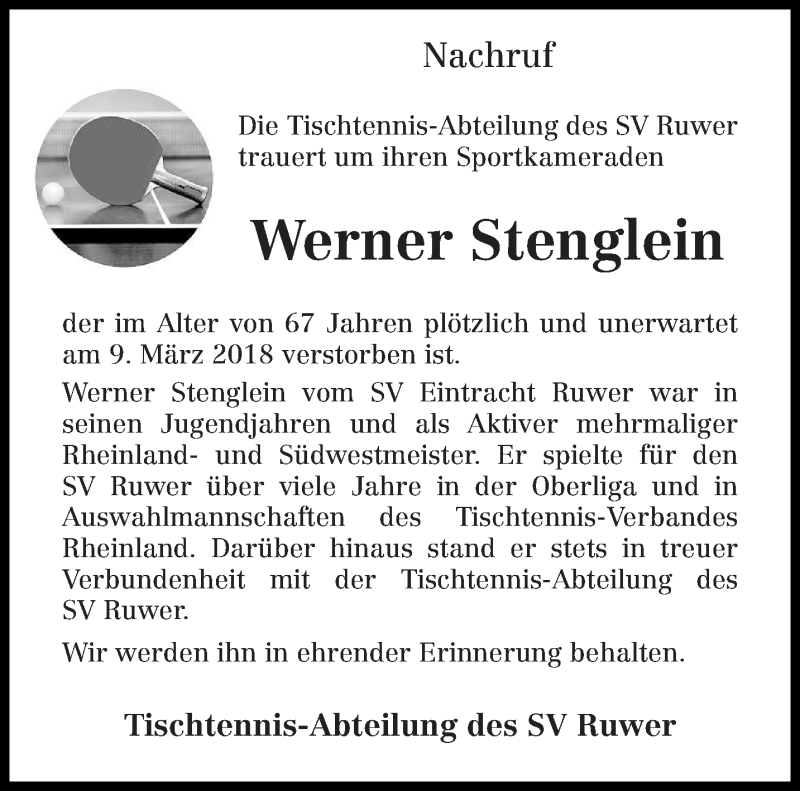  Traueranzeige für Werner Stenglein vom 17.03.2018 aus trierischer_volksfreund