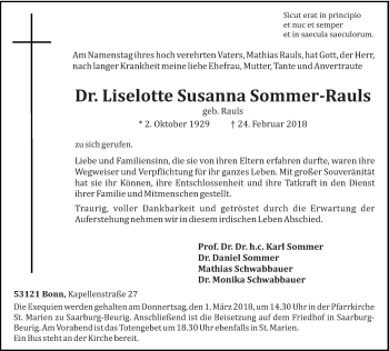 Traueranzeige von iselotte Susanna Sommer-Rauls von trierischer_volksfreund