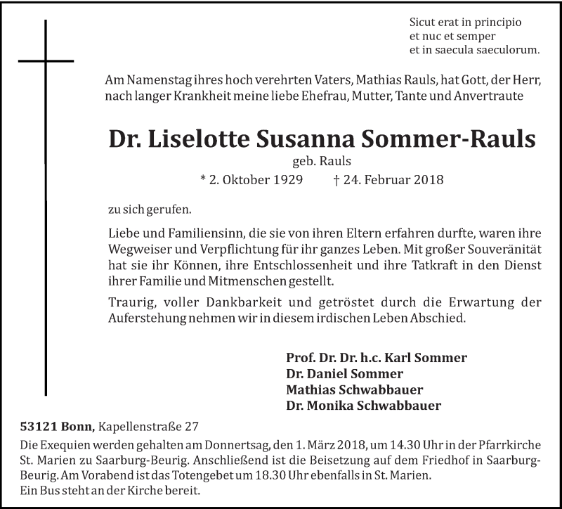  Traueranzeige für iselotte Susanna Sommer-Rauls vom 28.02.2018 aus trierischer_volksfreund