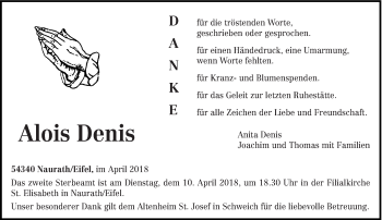 Traueranzeige von Alois Denis von trierischer_volksfreund