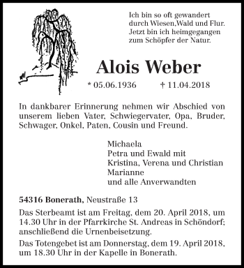 Traueranzeige von Alois Weber von trierischer_volksfreund