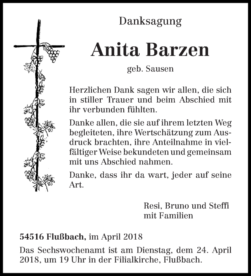  Traueranzeige für Anita Barzen vom 07.04.2018 aus trierischer_volksfreund