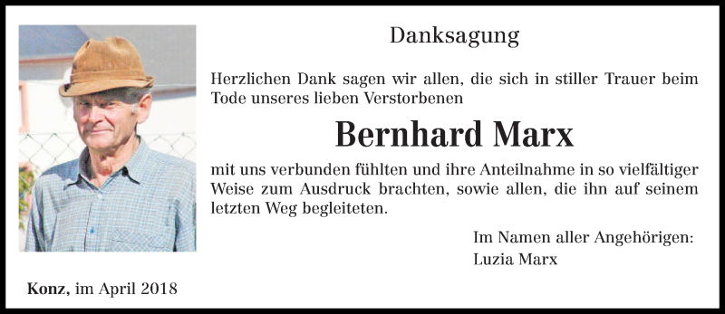  Traueranzeige für Bernhard Marx vom 14.04.2018 aus trierischer_volksfreund