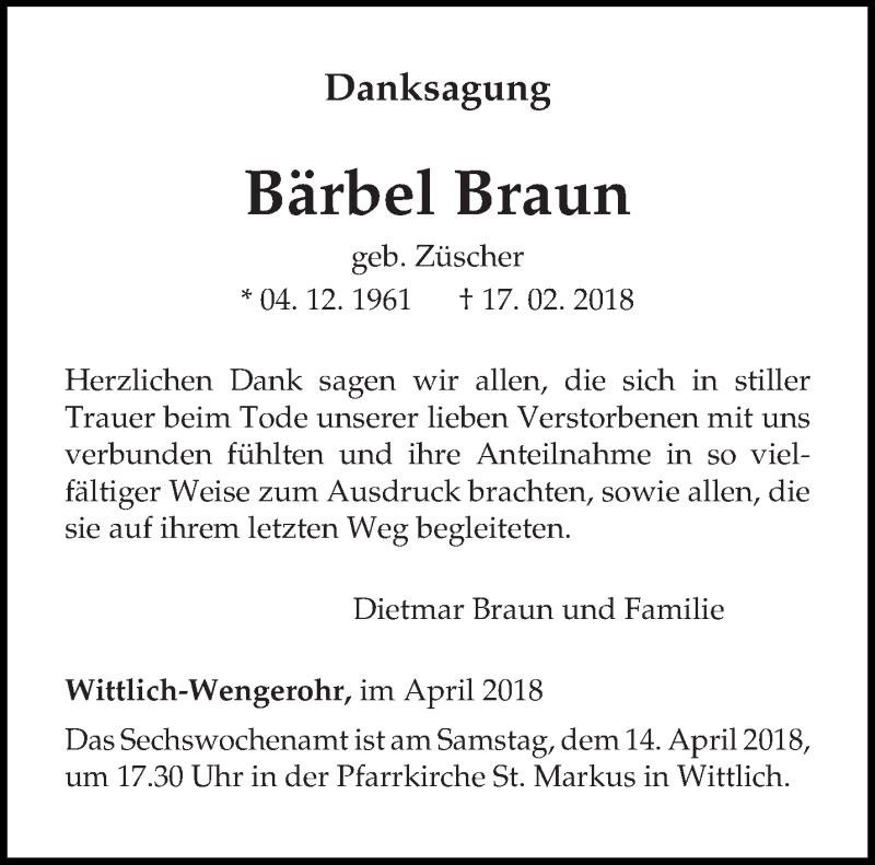  Traueranzeige für Bärbel Braun vom 07.04.2018 aus trierischer_volksfreund