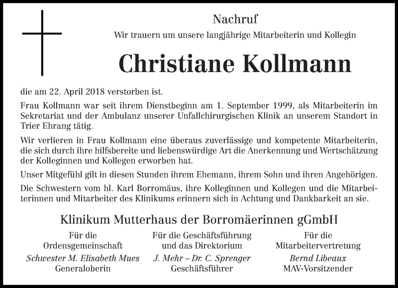  Traueranzeige für Christiane Kollmann vom 25.04.2018 aus trierischer_volksfreund