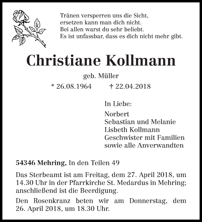  Traueranzeige für Christiane Kollmann vom 25.04.2018 aus trierischer_volksfreund
