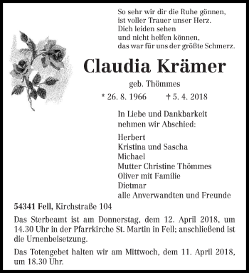Traueranzeige von Claudia Krämer von trierischer_volksfreund
