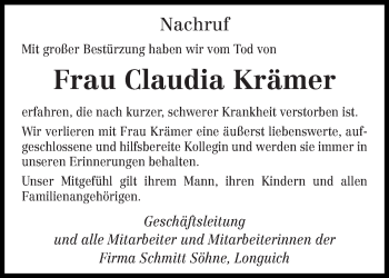 Traueranzeige von Claudia Krämer von trierischer_volksfreund