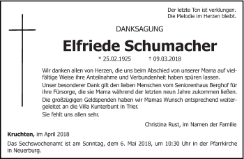 Traueranzeige von Elfriede Schumacher von trierischer_volksfreund