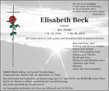 Traueranzeige von Elisabeth Beck von trierischer_volksfreund