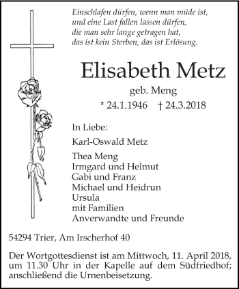 Traueranzeige von Elisabeth Metz von trierischer_volksfreund