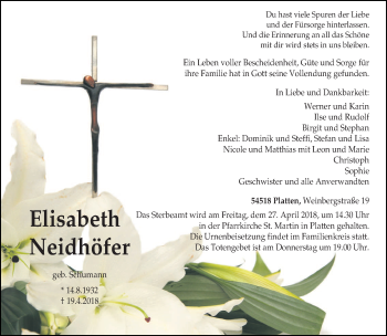 Traueranzeige von Elisabeth Neidhöfer von trierischer_volksfreund