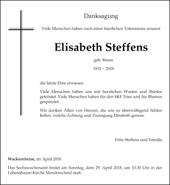 Traueranzeige von Elisabeth Steffes von trierischer_volksfreund