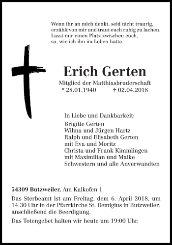Traueranzeige von Erich Gerten von trierischer_volksfreund