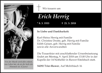 Traueranzeige von Erich Herrig von trierischer_volksfreund