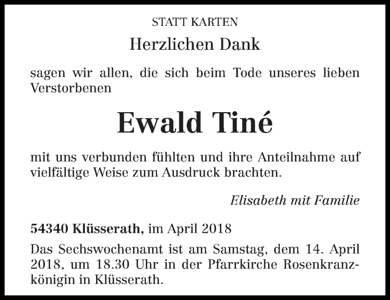  Traueranzeige für Ewald Tiné vom 11.04.2018 aus trierischer_volksfreund