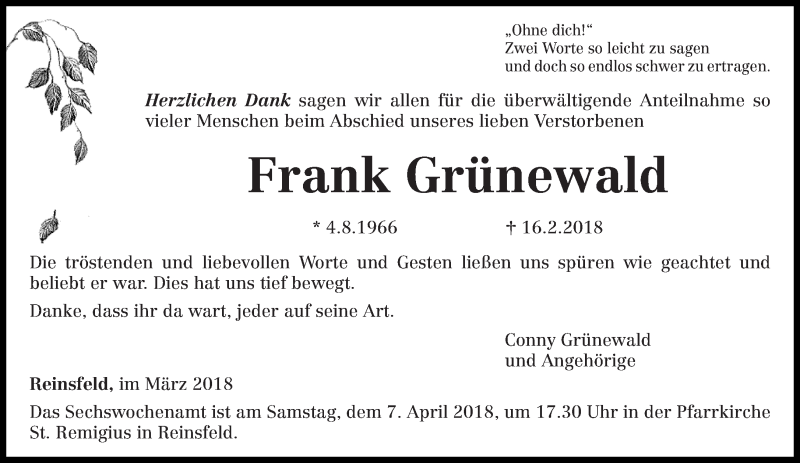  Traueranzeige für Frank Grünewald vom 31.03.2018 aus trierischer_volksfreund