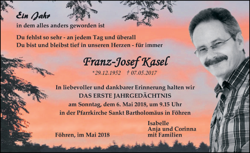  Traueranzeige für Franz-Josef Kasel vom 28.04.2018 aus trierischer_volksfreund