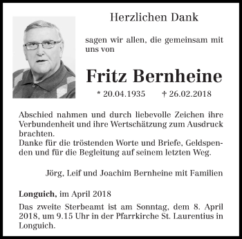 Traueranzeige von Fritz Bernheine von trierischer_volksfreund