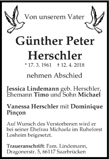 Traueranzeige von Günther Peter Herschler von trierischer_volksfreund