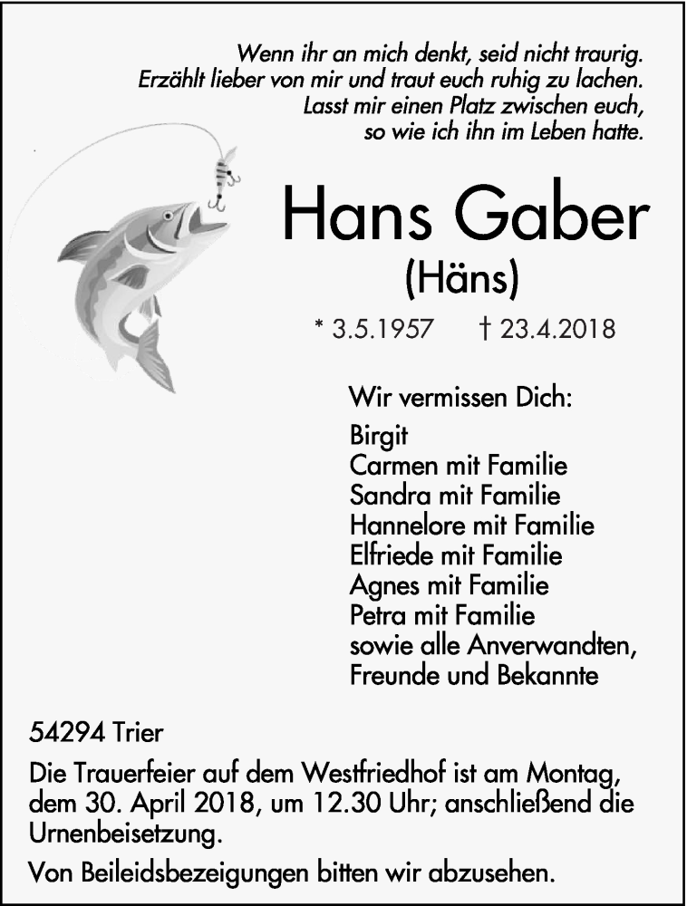  Traueranzeige für Hans Gaber vom 27.04.2018 aus trierischer_volksfreund