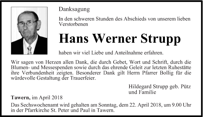 Traueranzeige für Hans Werner Strupp vom 14.04.2018 aus trierischer_volksfreund
