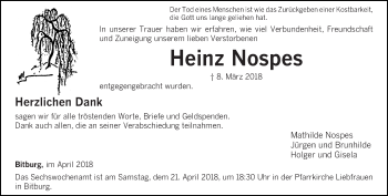 Traueranzeige von Heinz Nospes von trierischer_volksfreund