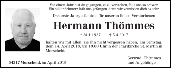 Traueranzeige von Hermann Thömmes von trierischer_volksfreund