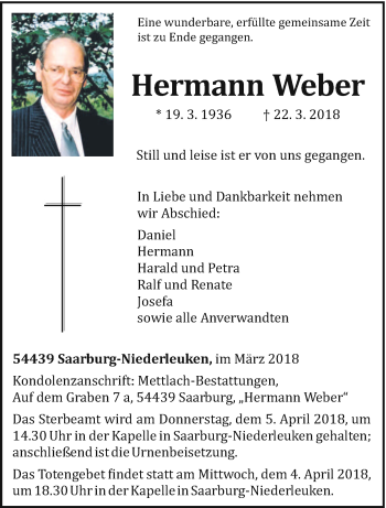 Traueranzeige von Hermann Weber von trierischer_volksfreund