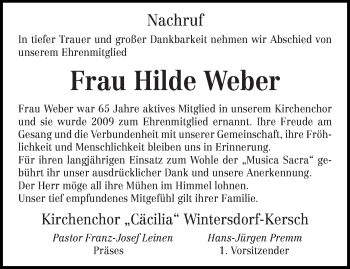 Traueranzeige von Hilde Weber von trierischer_volksfreund